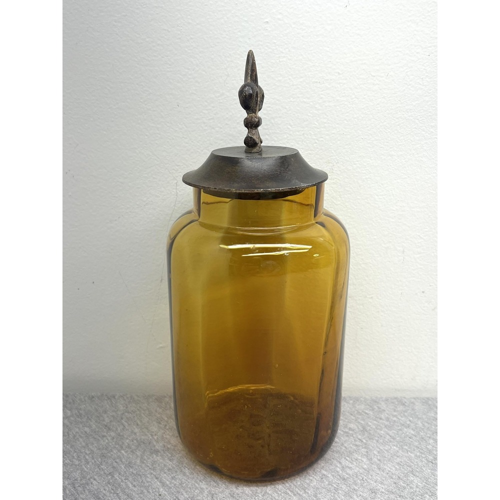 Amber Brown Glass Bottles Set 3 Fleur De Lis Lids Apothecary Canisters Unmarked - Picture 7 of 12